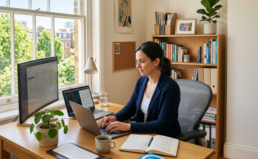 Woman typing on laptop in home office with dual monitors and books