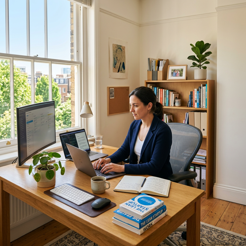 Woman typing on laptop in home office with dual monitors and books