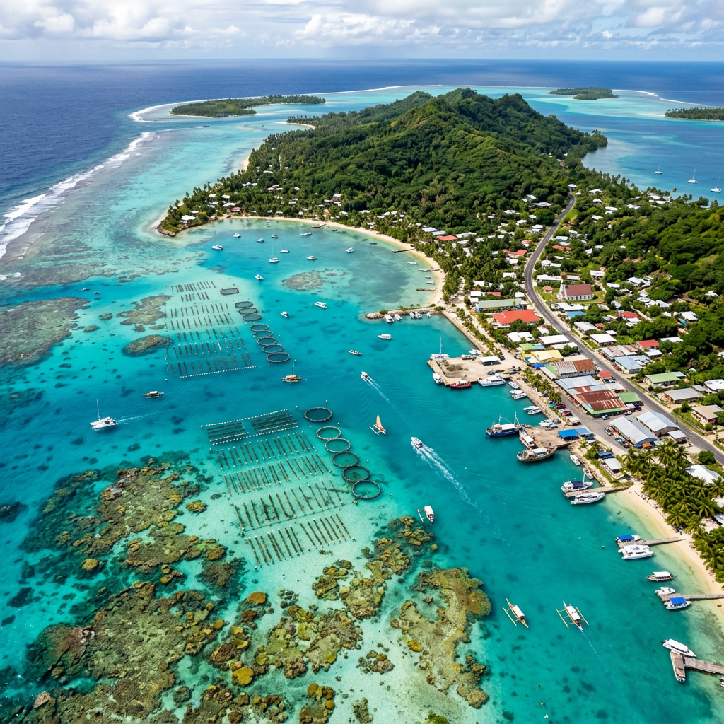 A tropical island with green hills surrounded by turquoise waters featuring coral reefs and marine farming structures.