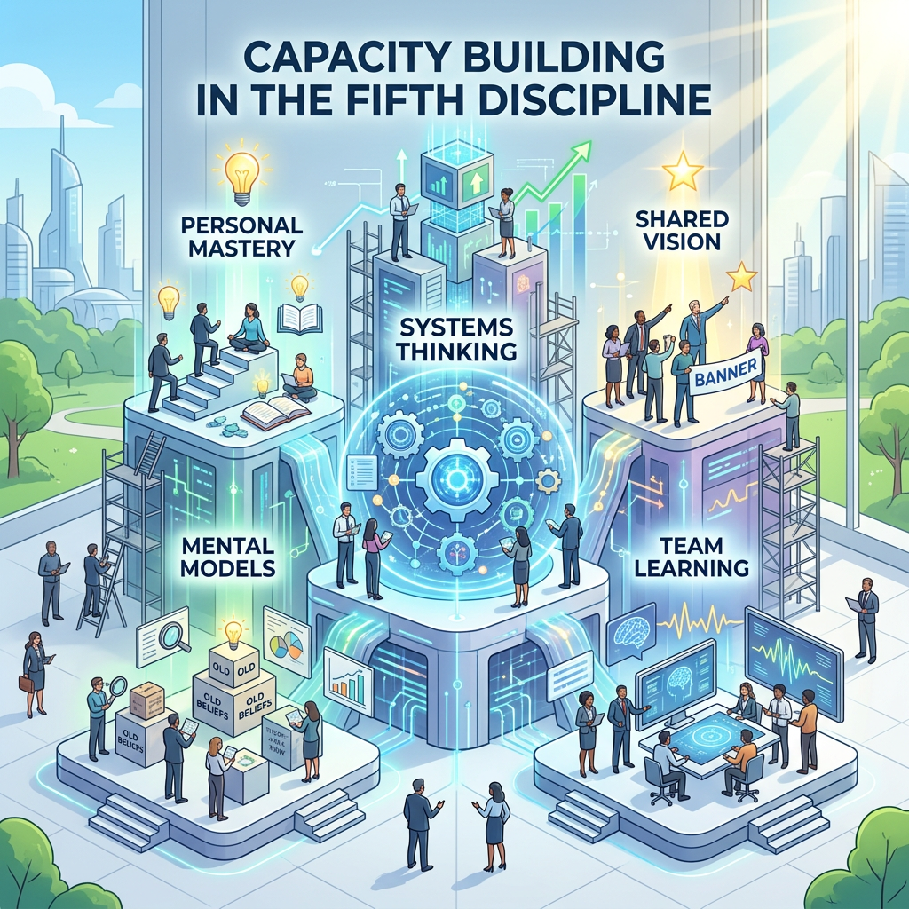 Graphic showing personal mastery, mental models, systems thinking, team learning, and shared vision in a business setting
