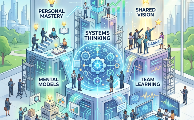 Graphic showing personal mastery, mental models, systems thinking, team learning, and shared vision in a business setting