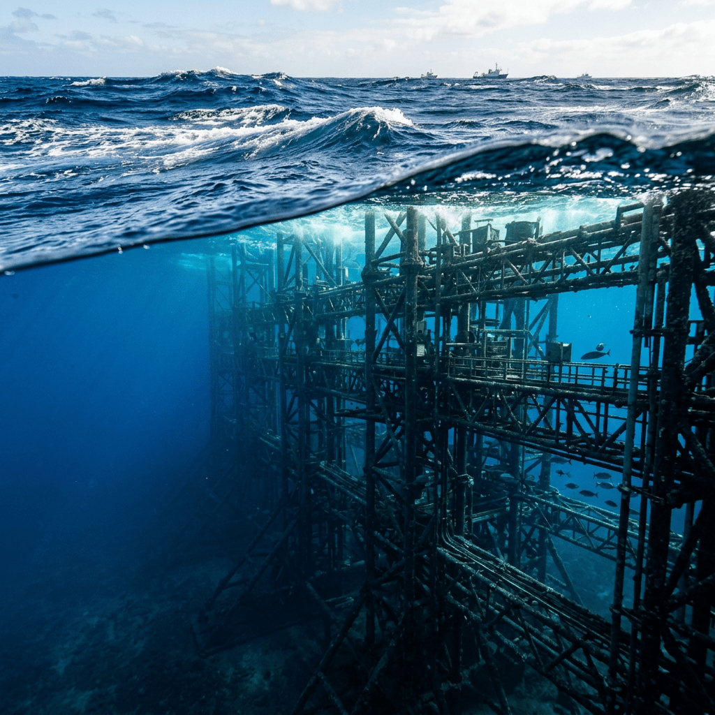 Underwater metal framework of an offshore oil rig beneath ocean waves with ships visible above water