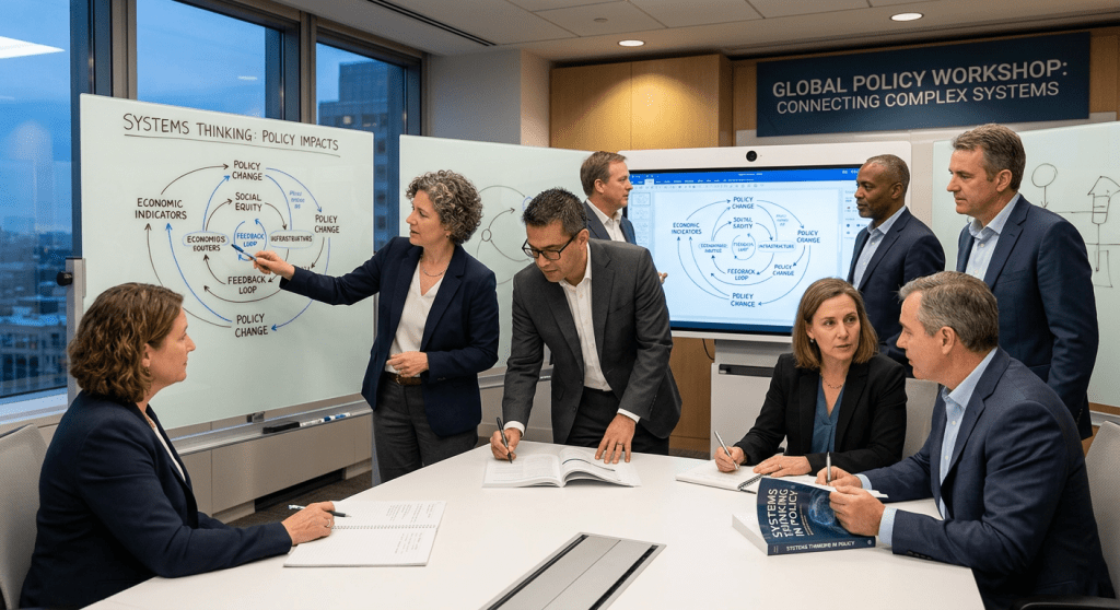 Group discussing systems thinking and policy impacts in a conference room