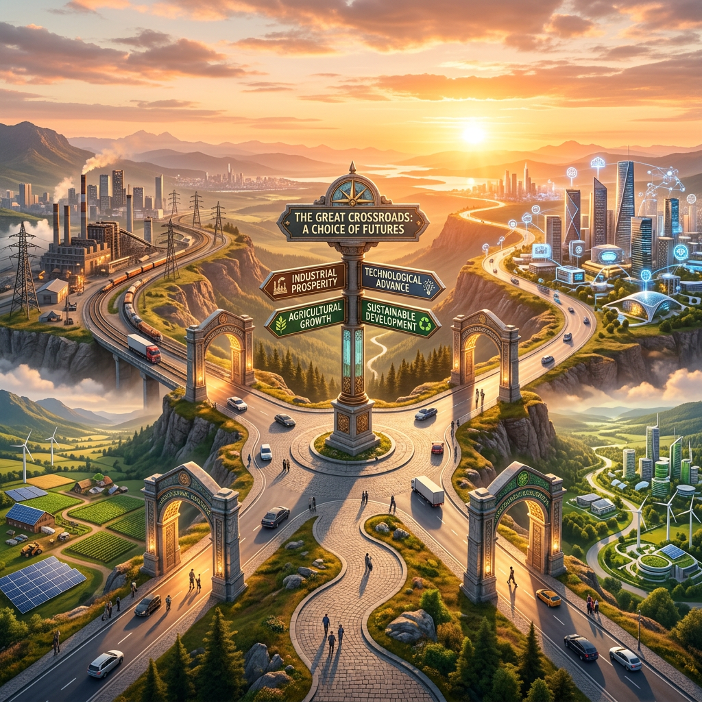 Crossroads with signs for industrial prosperity, technological advance, agricultural growth, and sustainable development.