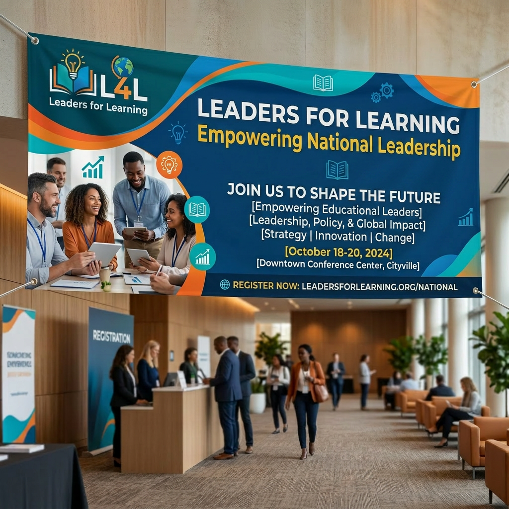 Banner for Leaders for Learning training event with event details and a group of people registering at a conference