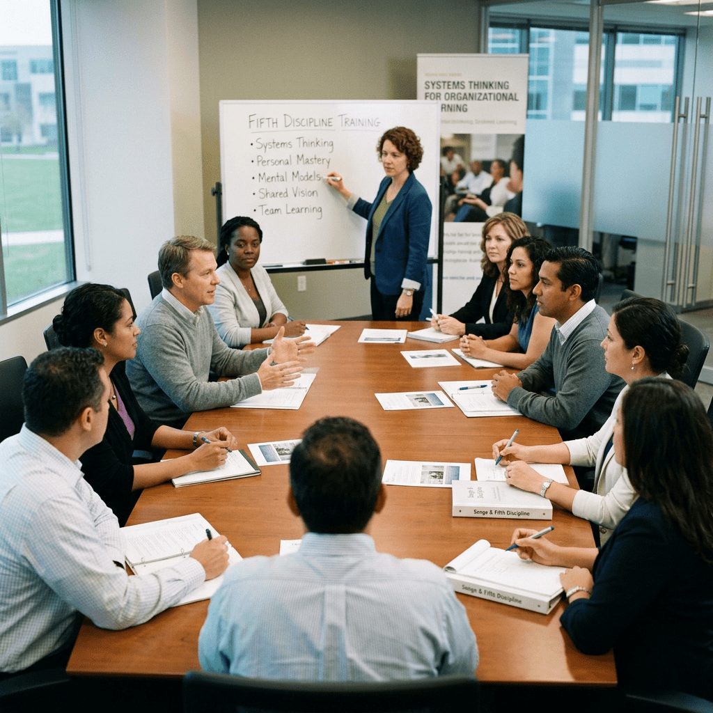 Trainer leading a team training session on systems thinking with a whiteboard