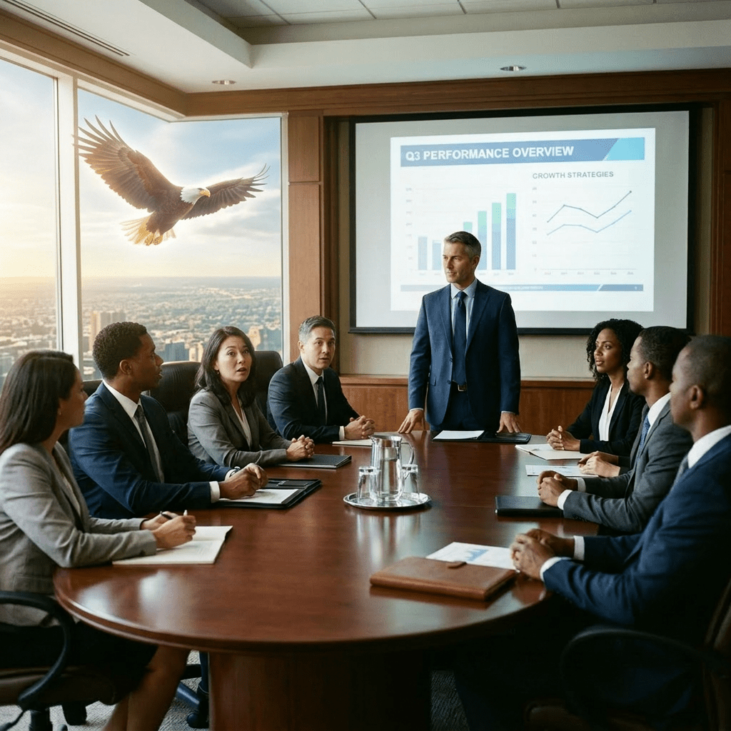 A man in a suit standing at a conference table with a bald eagle perched on his shoulder while colleagues sit around the table