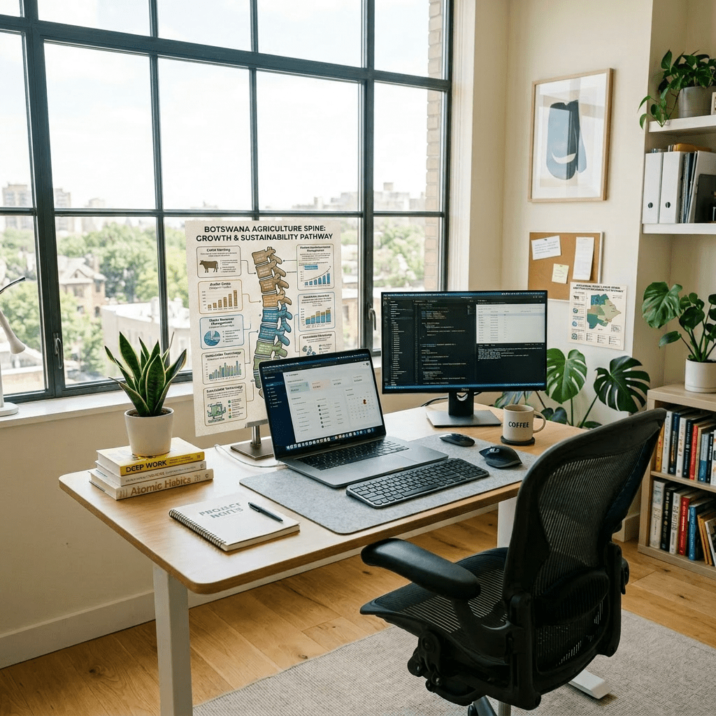 Home office desk with laptop and external monitor showing coding and analytics