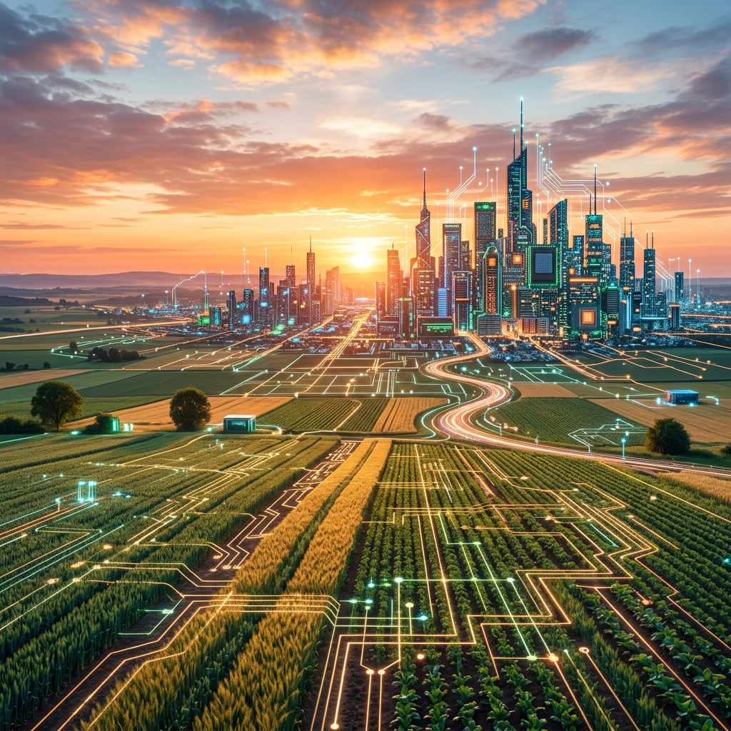 Smart city skyline connected to agricultural fields by digital glowing circuits