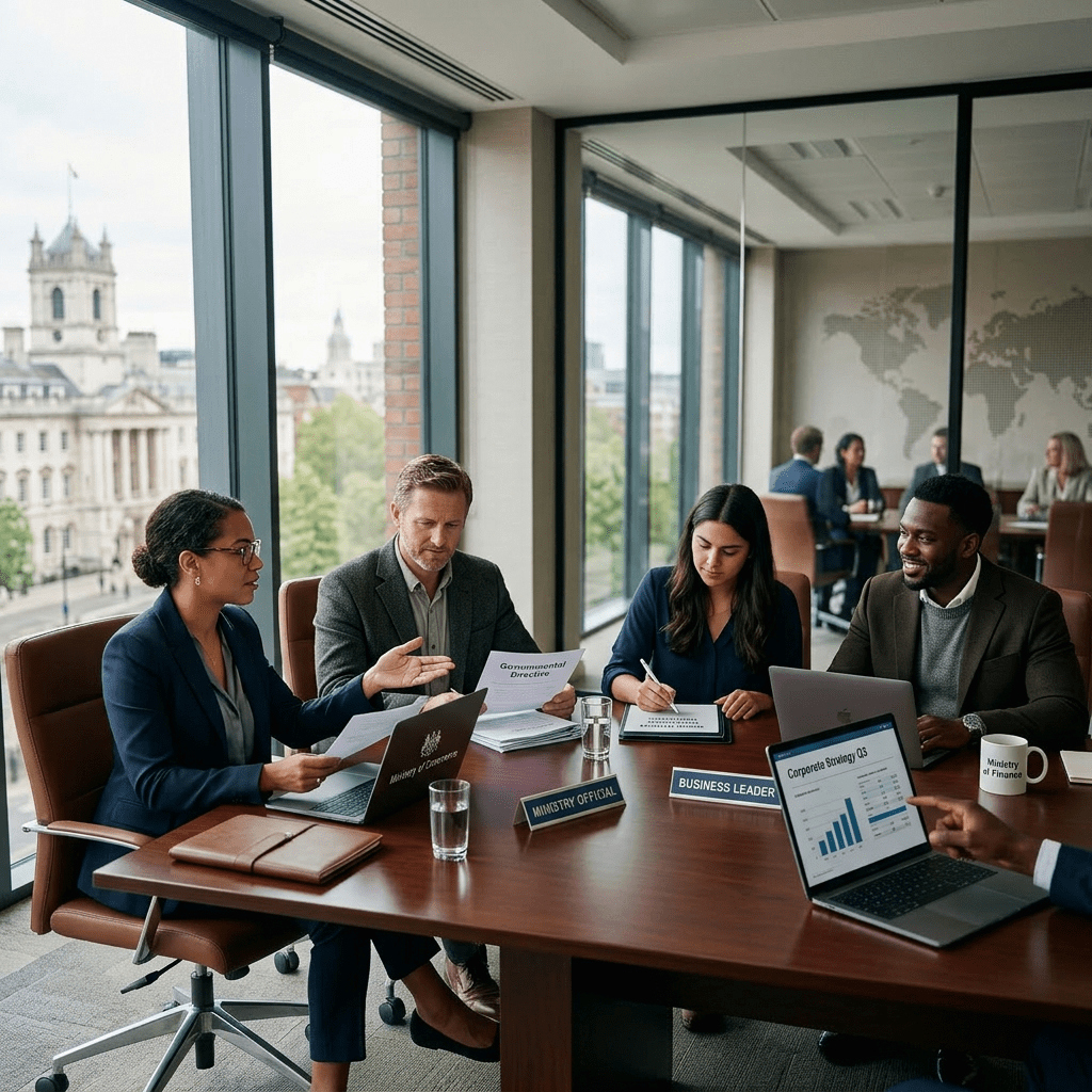 Four professionals at a conference table discussing documents and charts in a modern office