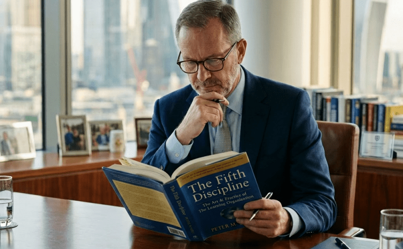 Male executive student studying The Fifth Discipline