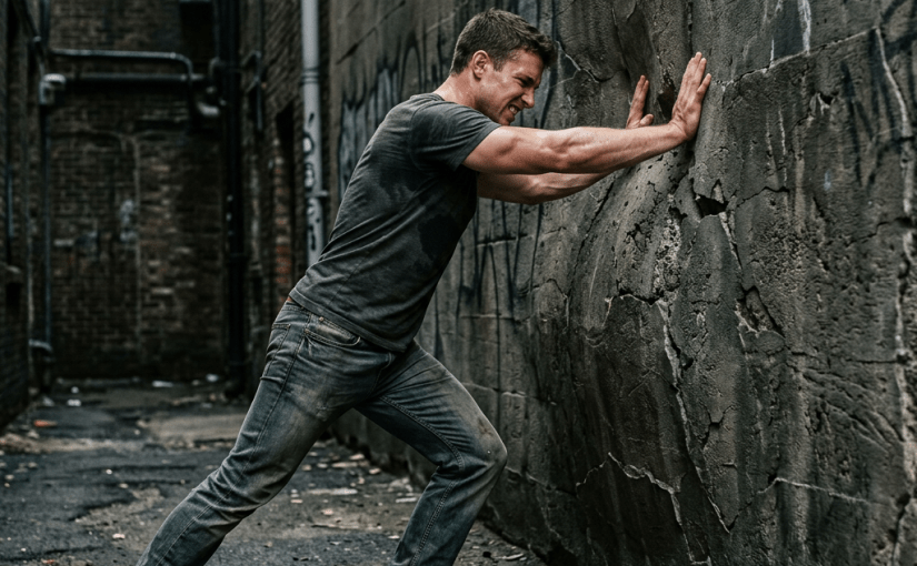Man pushing against a weathered brick wall in a narrow alley