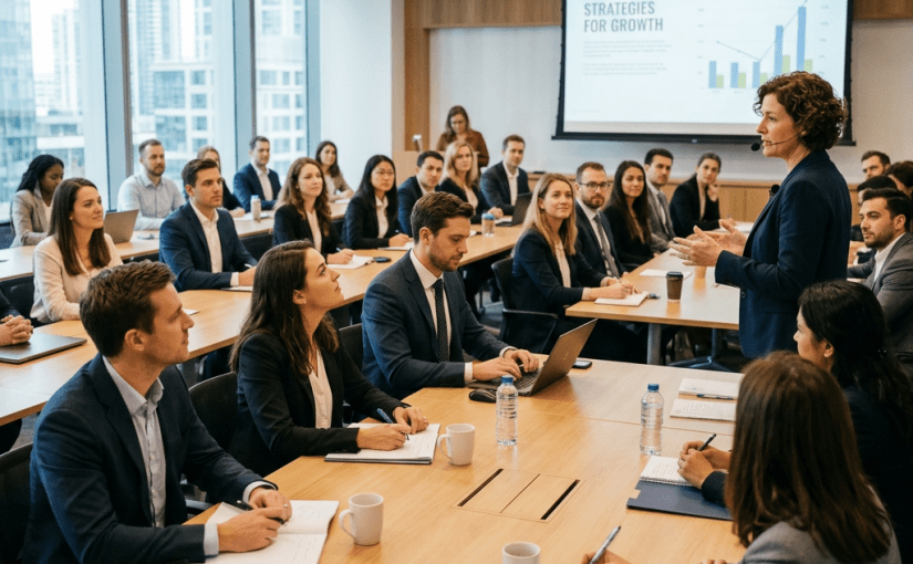 Business meeting with presenter speaking to attentive team around conference table