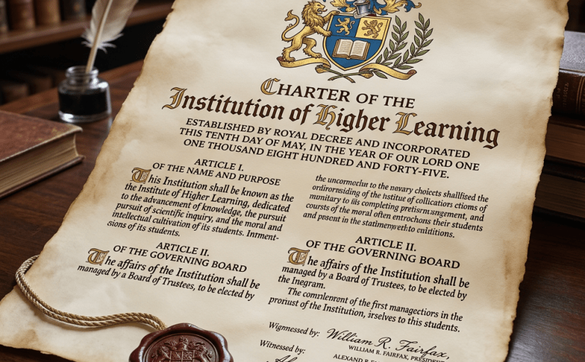 Parchment charter for Institution of Higher Learning with coat of arms and seal