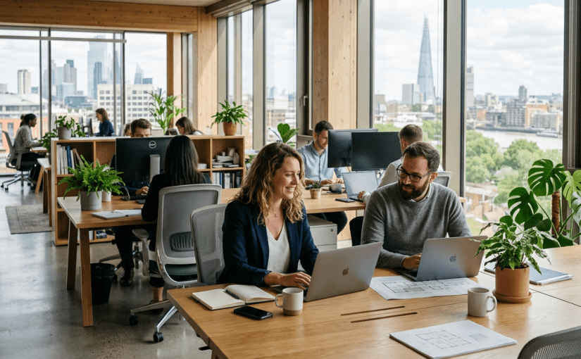 People working at desks with laptops in a modern office with large windows showing city buildings and The Shard