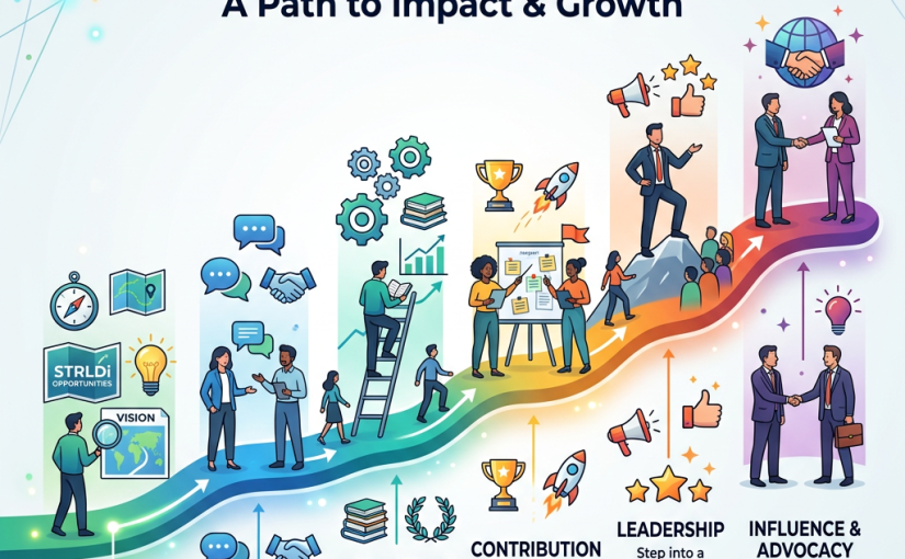 Six stages of leadership engagement journey with icons and descriptions from exploration to influence and advocacy.