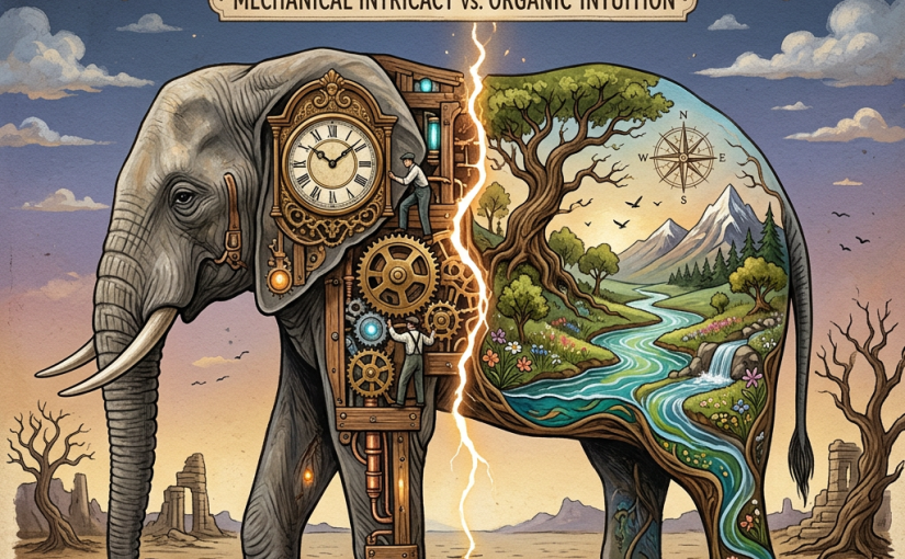 Elephant split into mechanical clockwork gears and natural landscape with river and mountains