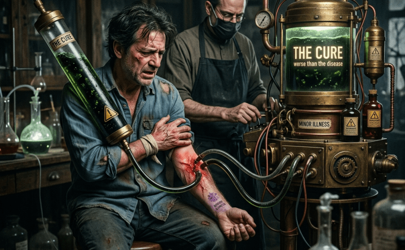 A man receiving an experimental treatment from a steampunk machine labeled 'The Cure worse than the disease'.