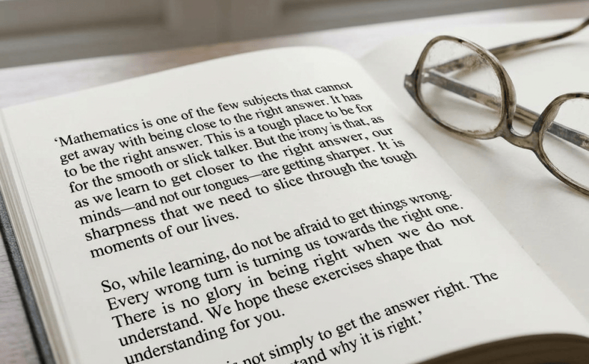 Open book page with a passage about mathematics, learning, and understanding why answers are right.