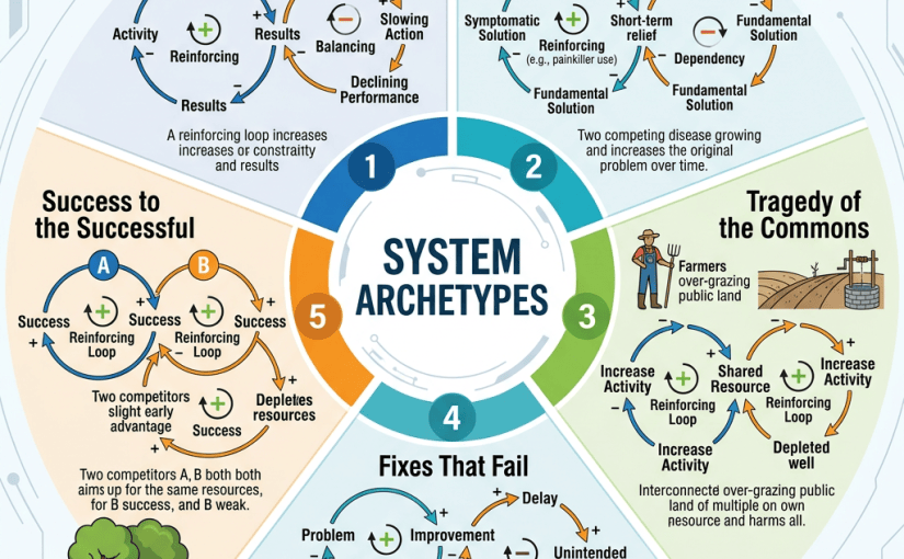 Systems Archetypes infographic: Limits to Growth, Shifting the Burden, Tragedy of the Commons, Fixes That Fail, and Success to the Successful.